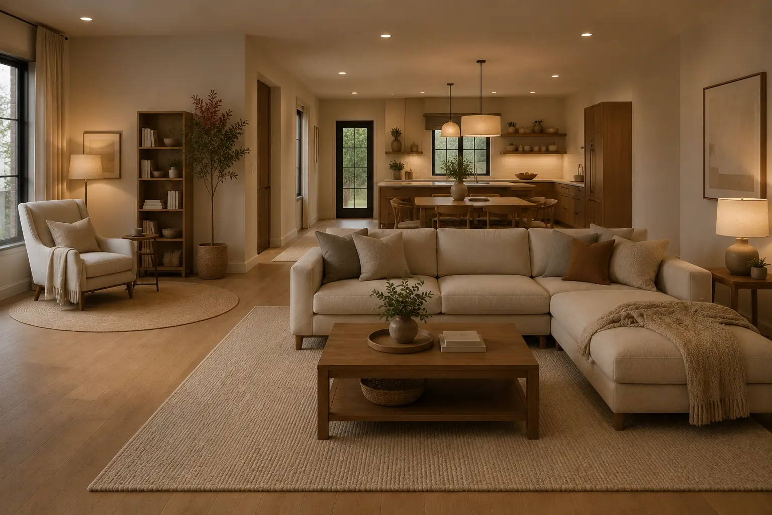 round rug and rectangular rug used together to zone an open-concept living space
