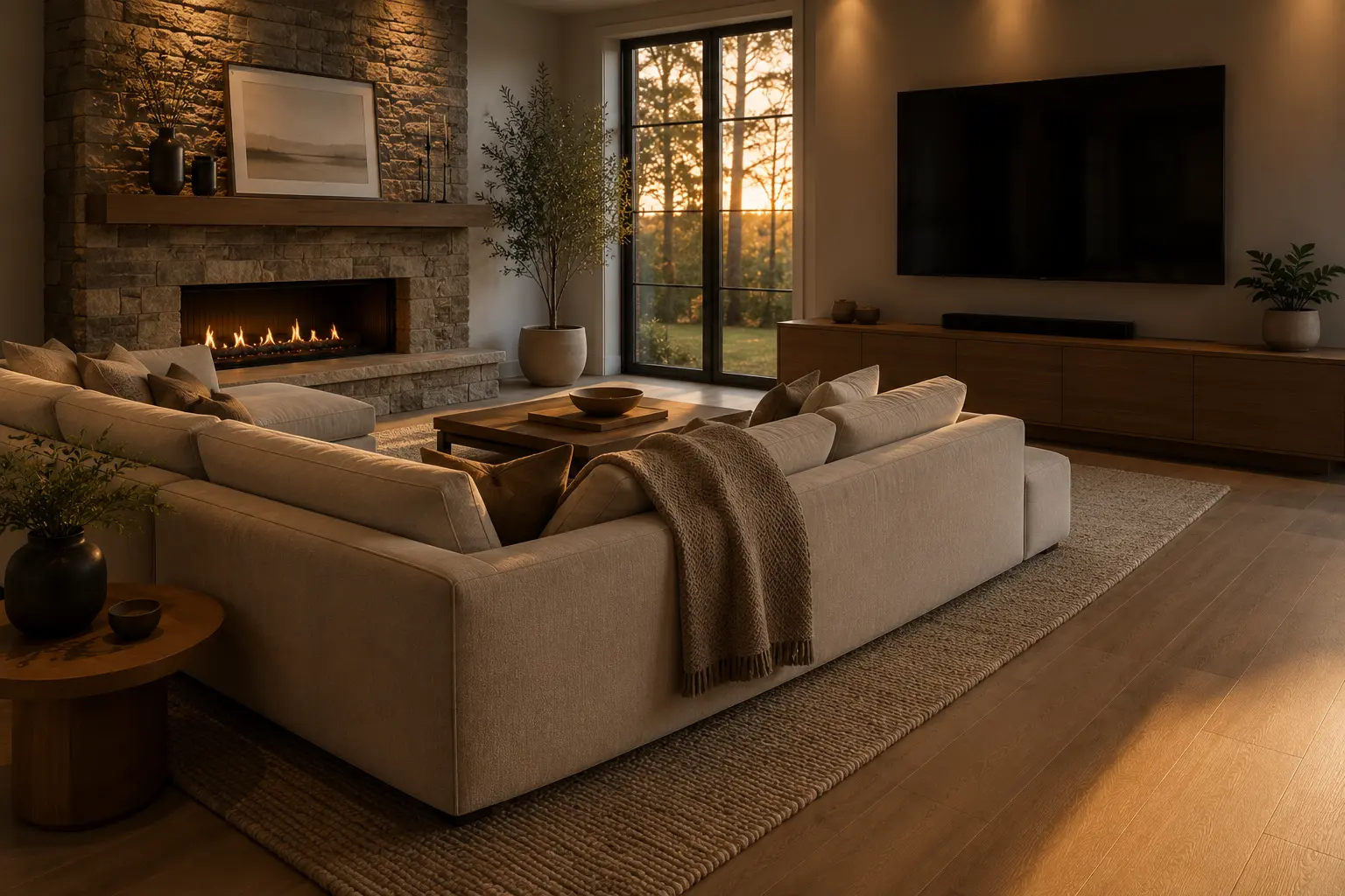 living room seating arranged between a fireplace and mounted television