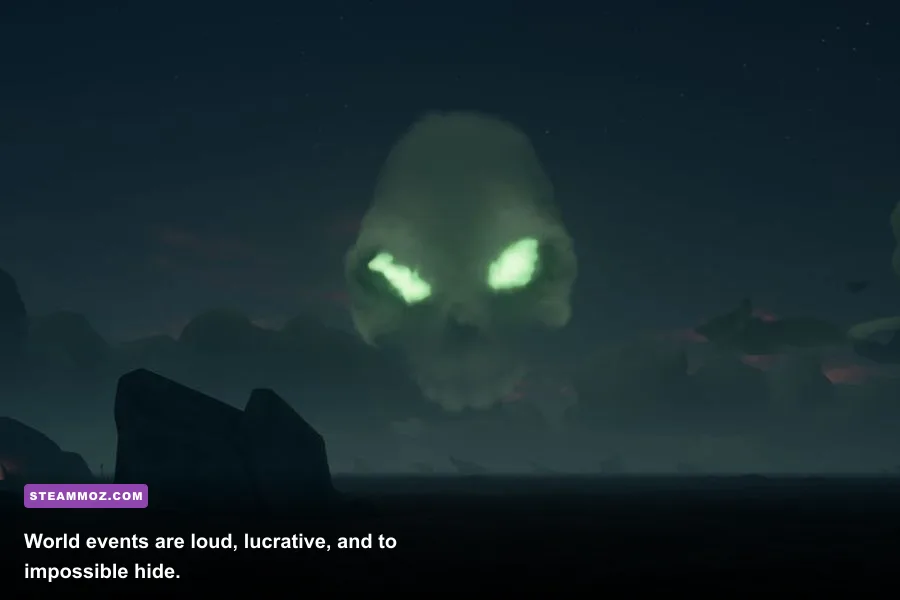 The Fort of the Damned floating skull cloud above a Sea of Thieves island