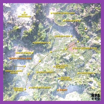 Map highlighting boss areas where legendary weapons drop