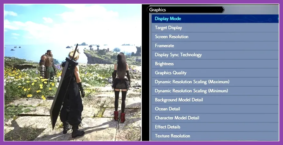 Final Fantasy 7 Rebirth PC graphics settings menu showing resolution and quality options