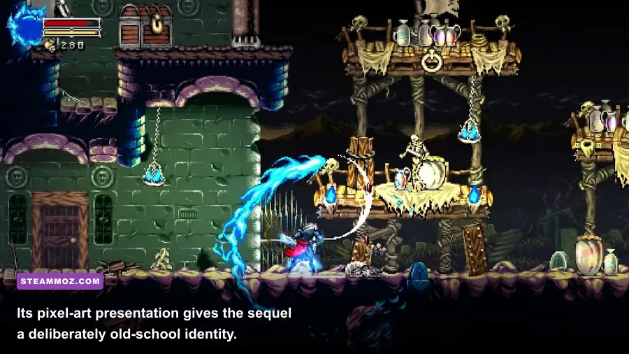 Pixel-art castle and cavern scenery from Beyond the Ice Palace 2