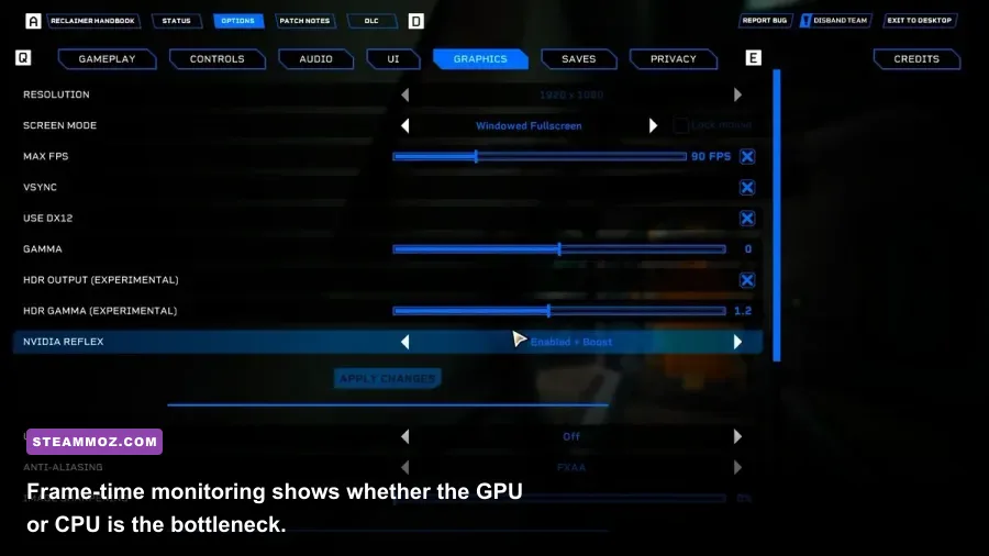 Deep Rock Galactic PC gameplay with FPS and frame-time monitoring overlay