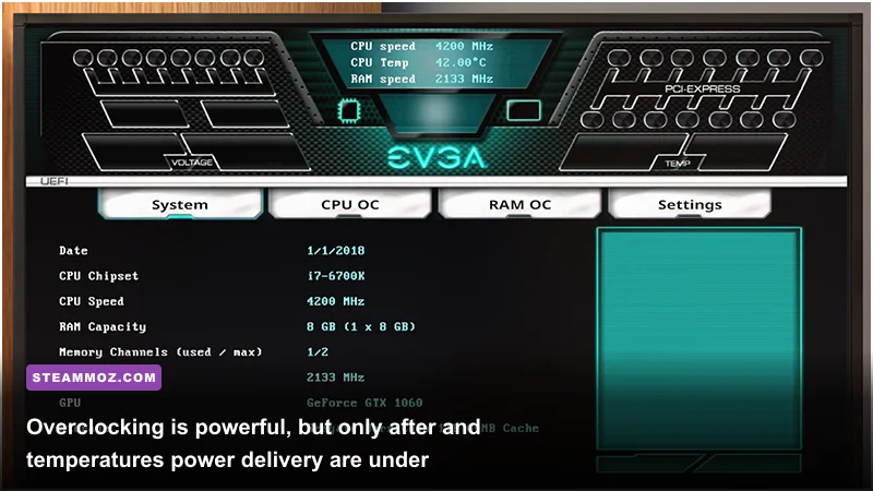 PC Building Simulator 2 BIOS overclocking interface with CPU and memory settings