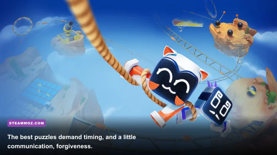 Two Biped 2 players coordinating across a moving platform puzzle