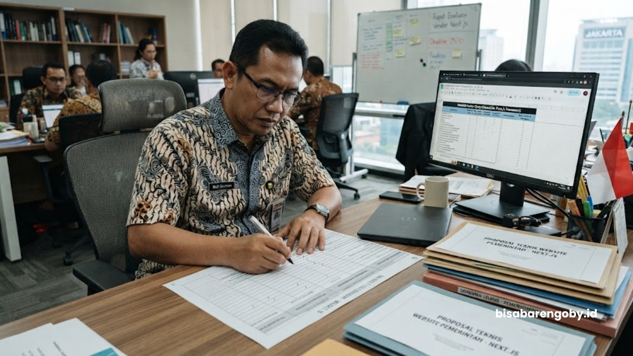 Manajer pengadaan membandingkan spesifikasi sebelum memutuskan beli website pemerintah untuk perusahaan di Indonesia berbasis Next.js