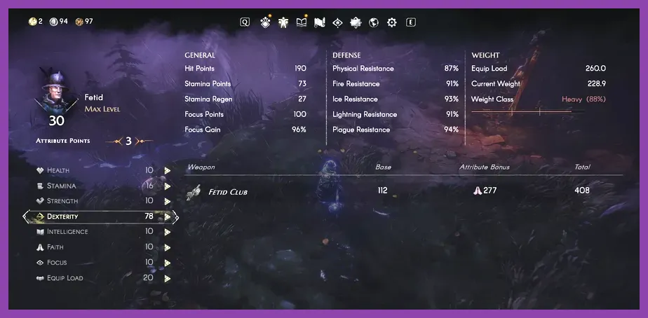 Attribute leveling screen in No Rest for the Wicked