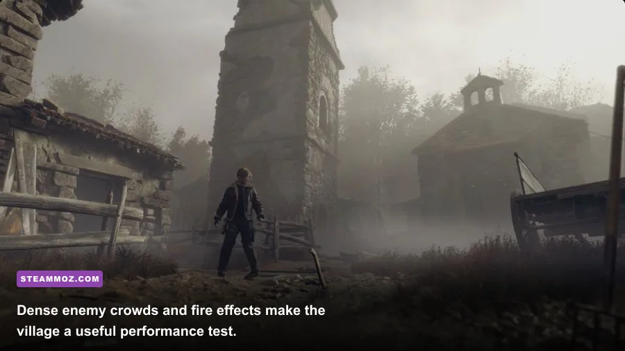 Leon battling Ganados in the Resident Evil 4 Remake village area