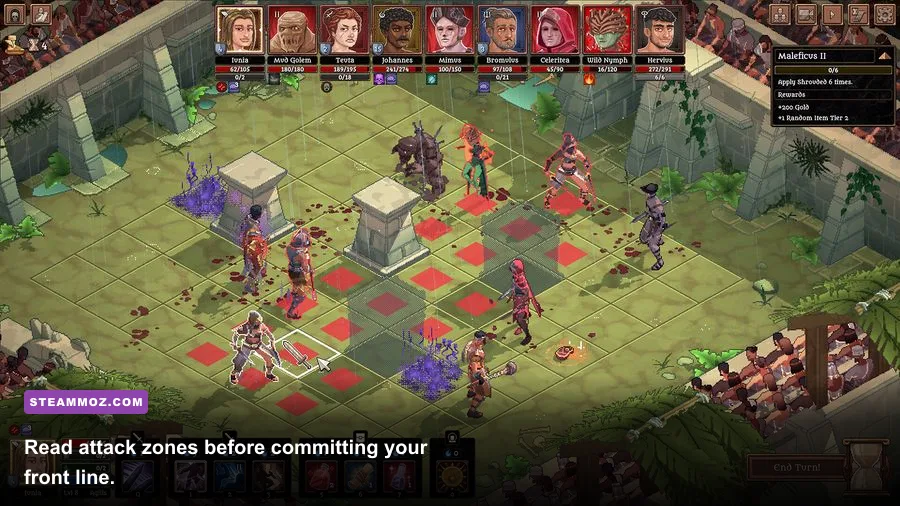 Bloodgrounds tactical combat showing enemy attack ranges and arena hazards