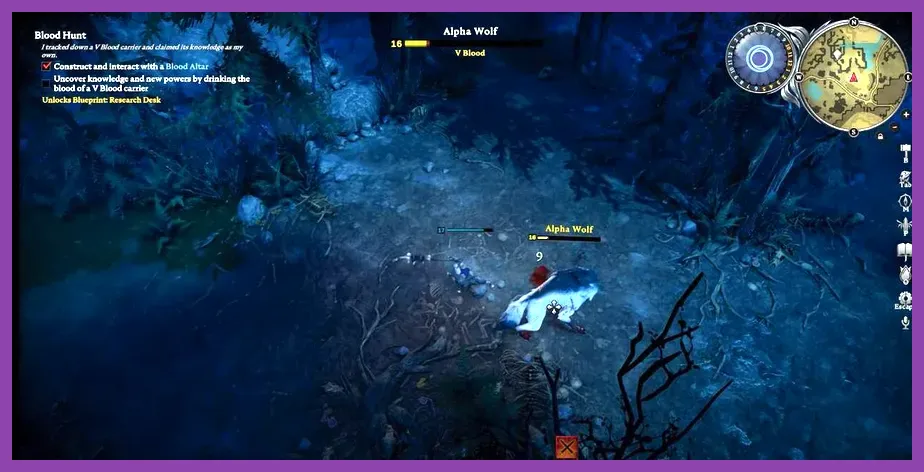 V Rising player battling Alpha Wolf V Blood boss in Farbane Woods