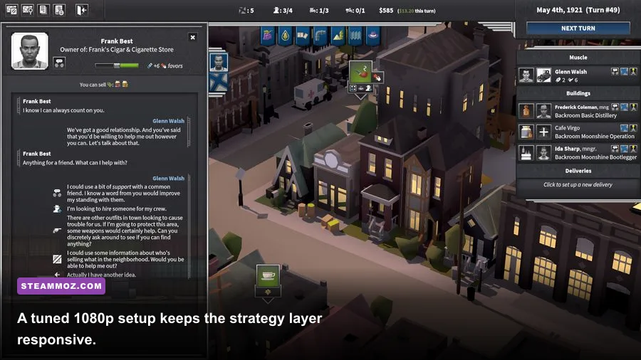 City of Gangsters PC gameplay at 1080p with city management interface