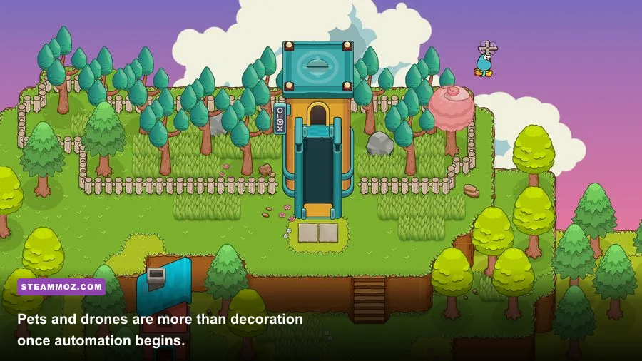 Everafter Falls pet and farming drone working near crops