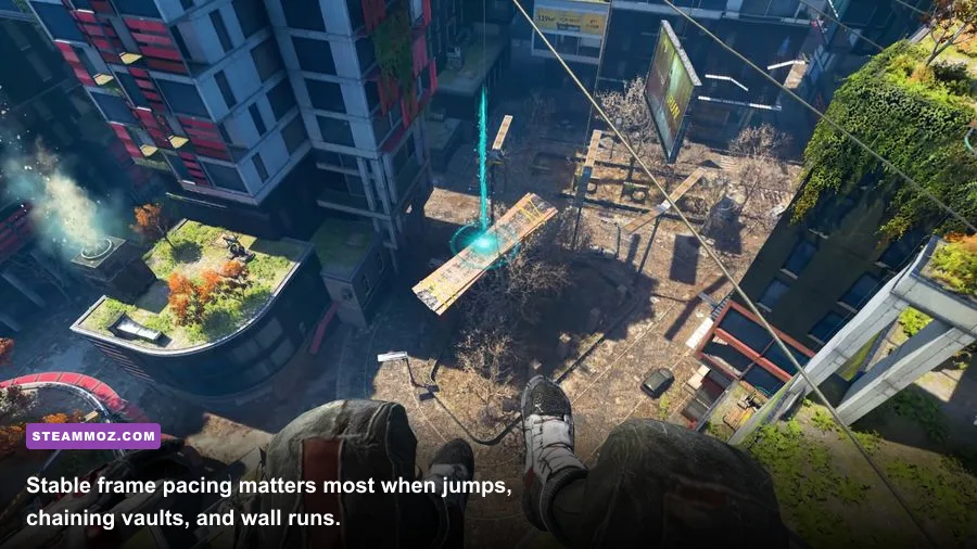 Aiden Caldwell using parkour across Villedor rooftops in Dying Light 2