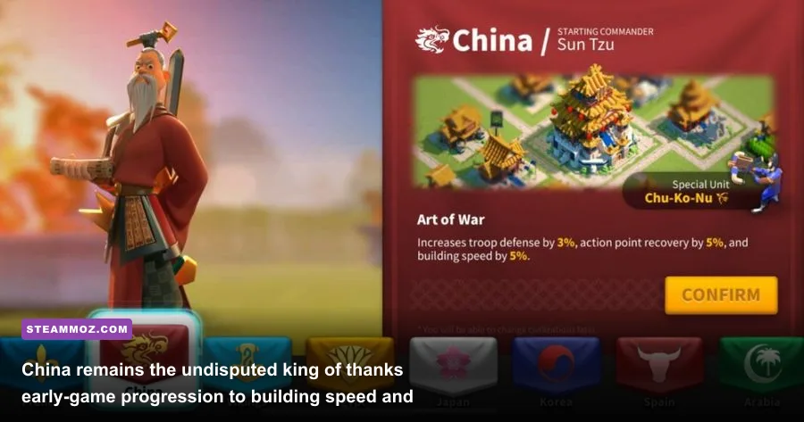 Rise of Kingdoms civilization select screen highlighting China and Commander Sun Tzu
