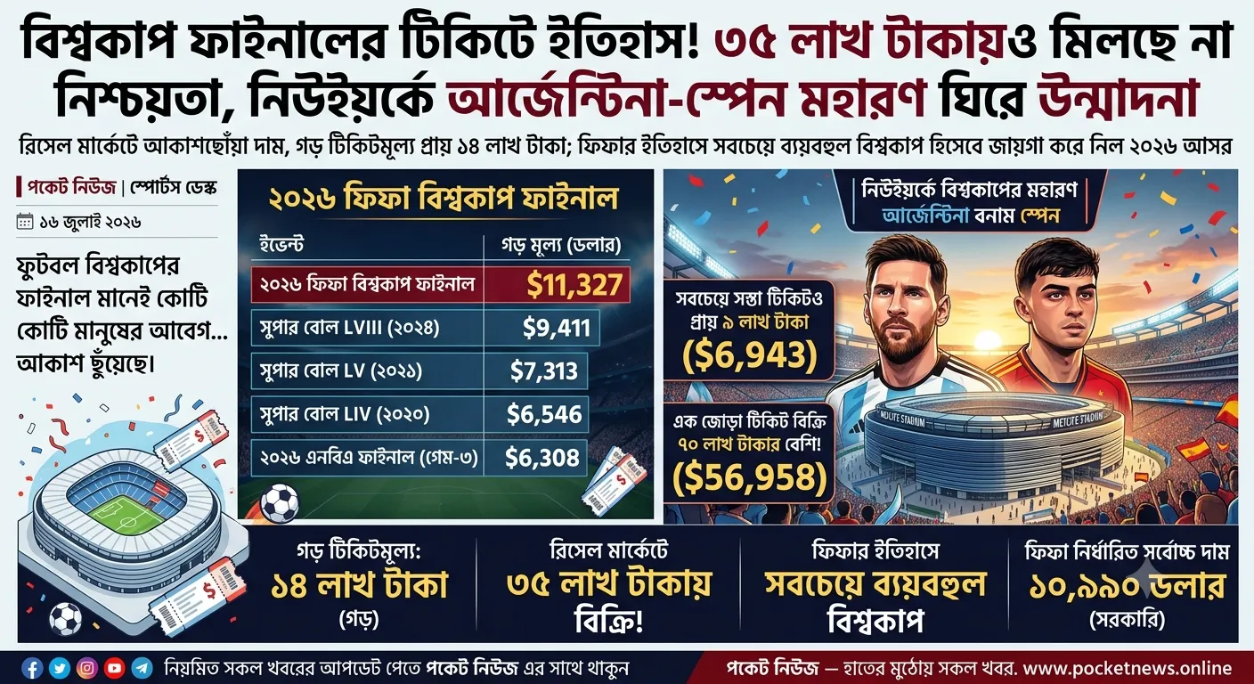 বিশ্বকাপ ফাইনালের টিকিটে ইতিহাস! ৩৫ লাখ টাকায়ও মিলছে না নিশ্চয়তা, নিউইয়র্কে আর্জেন্টিনা-স্পেন মহারণ ঘিরে উন্মাদনা বিশ্বকাপ ফাইনালের টিকিটে ইতিহাস! ৩৫ লাখ টাকায়ও মিলছে না নিশ্চয়তা, নিউইয়র্কে আর্জেন্টিনা-স্পেন মহারণ ঘিরে উন্মাদনা