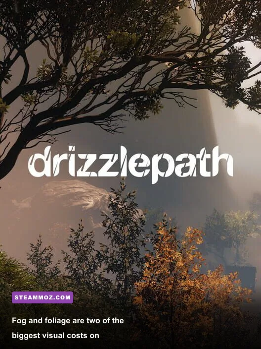 Drizzlepath Glass forest trail with volumetric fog and dense environmental detail
