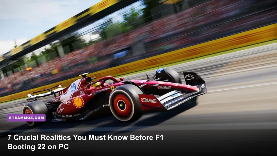 Ferrari and Red Bull Formula 1 cars battling on track in F1 22 on PC