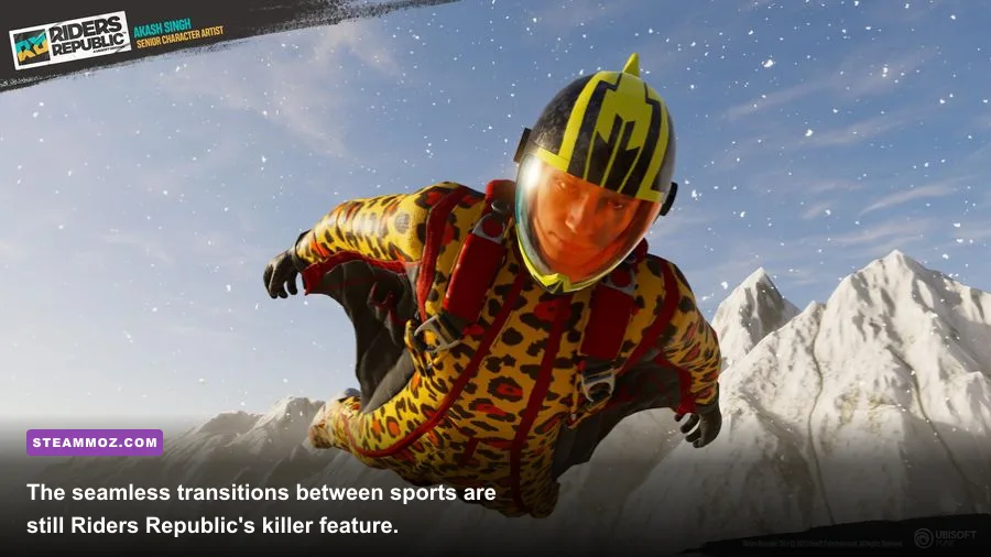 Riders Republic PC wingsuit flight above a vast mountain valley