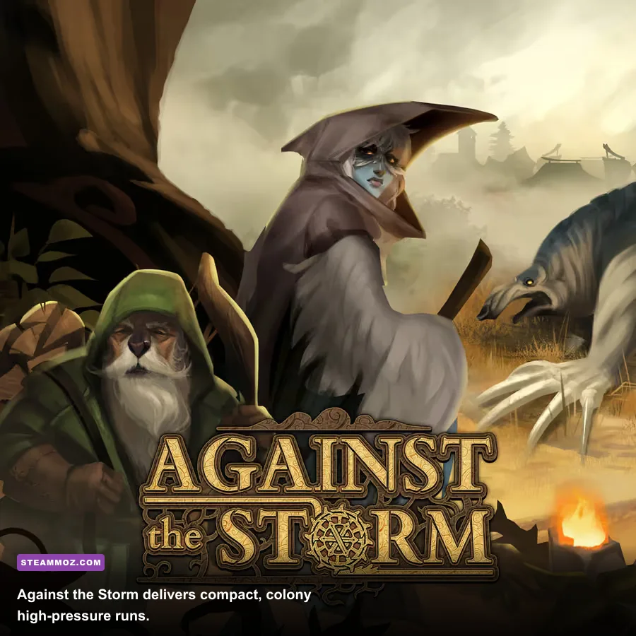 Against the Storm villagers building a settlement beneath a dangerous storm