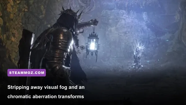 Player holding the Umbral Lamp revealing the blue-tinted spirit world in Lords of the Fallen