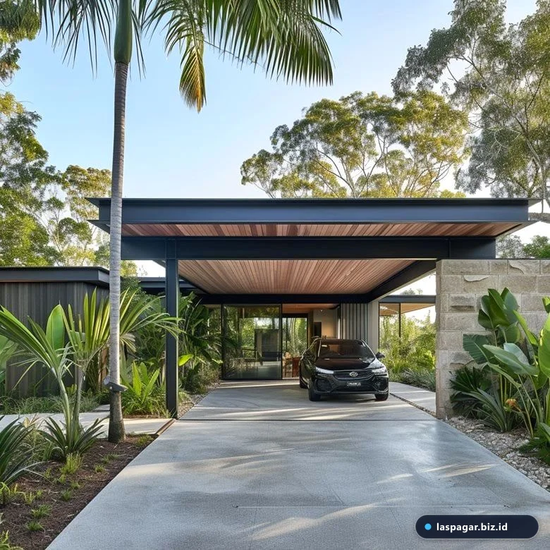 Desain fasad rumah minimalis dengan perpaduan atap baja ringan, kanopi, dan pagar modern
