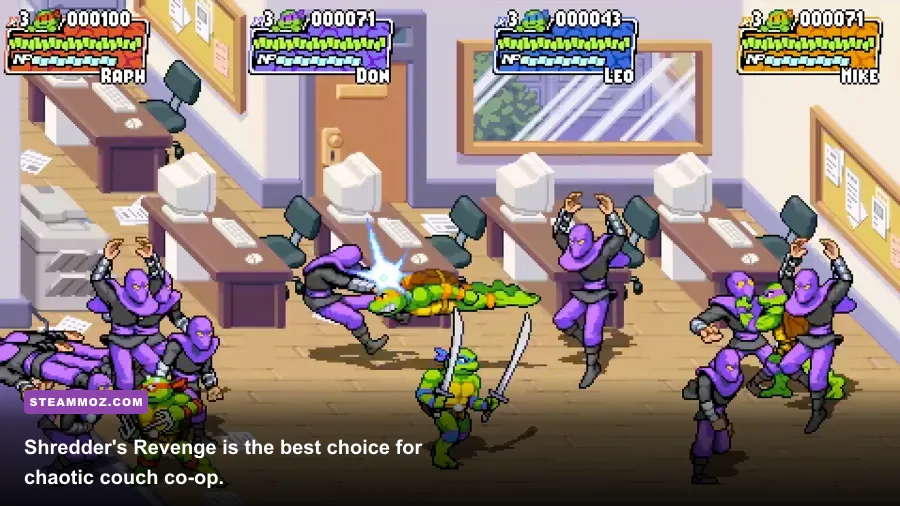 The Teenage Mutant Ninja Turtles fighting Foot Clan enemies in Shredder's Revenge