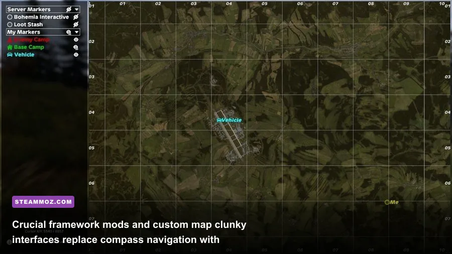 In-game map interface using the Vanilla++ Map mod showing waypoints and squad positions in DayZ