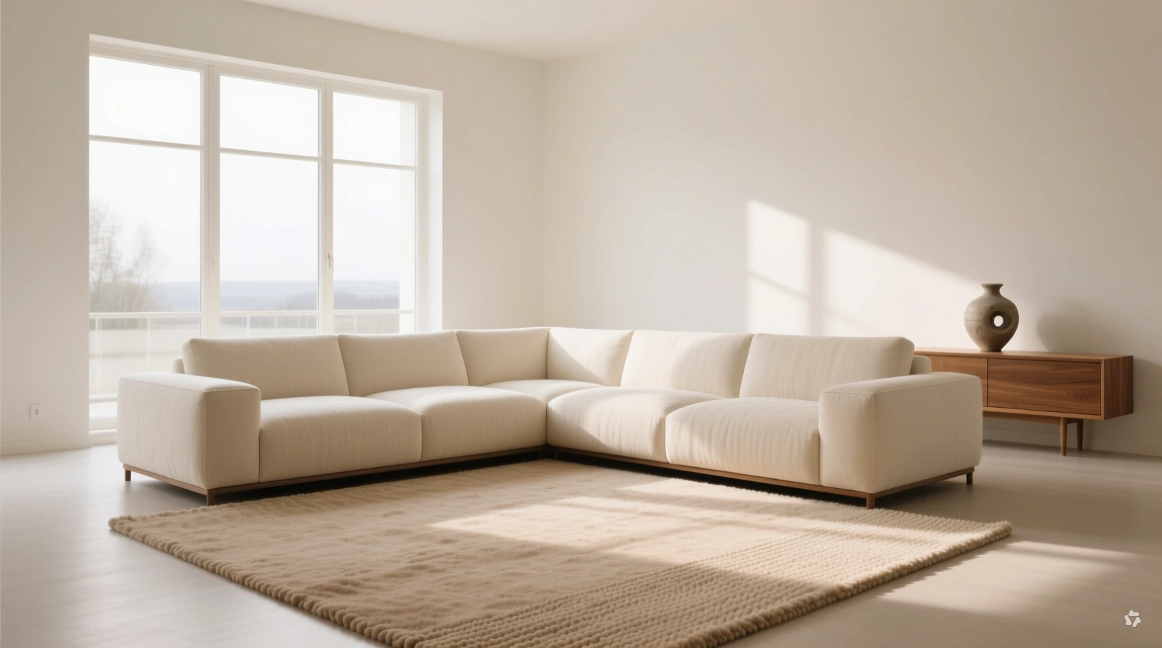 large sectional sofa grounded by a neutral area rug in a minimalist living room