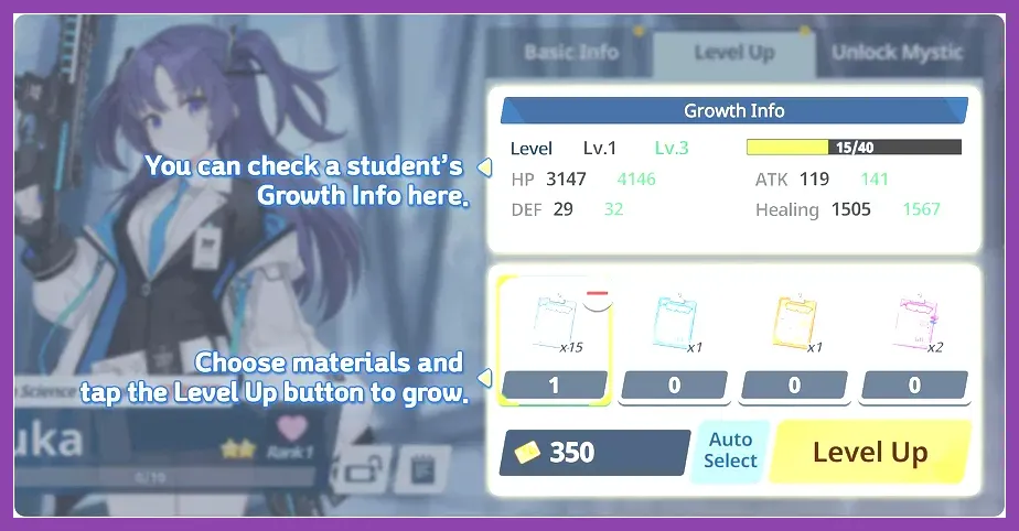 Blue Archive student leveling and skill upgrade interface