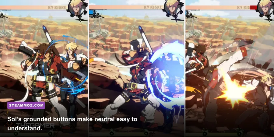 Sol Badguy using close-range normals and Gunflame in Guilty Gear Strive