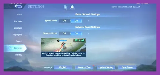 Smartphone network settings for gaming