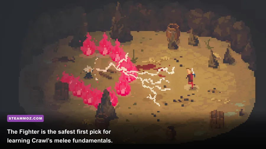 Crawl Fighter character using a sword and shield inside a dungeon