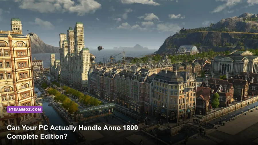 Sprawling industrial metropolis in Anno 1800 featuring massive investor districts and harbors