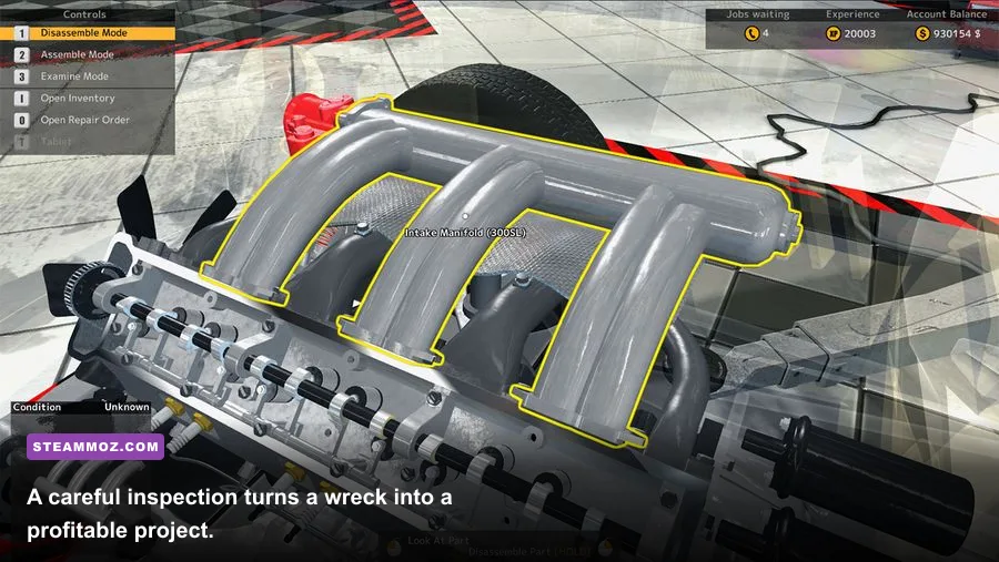 Car Mechanic Simulator 2015 engine bay inspection with visible mechanical components