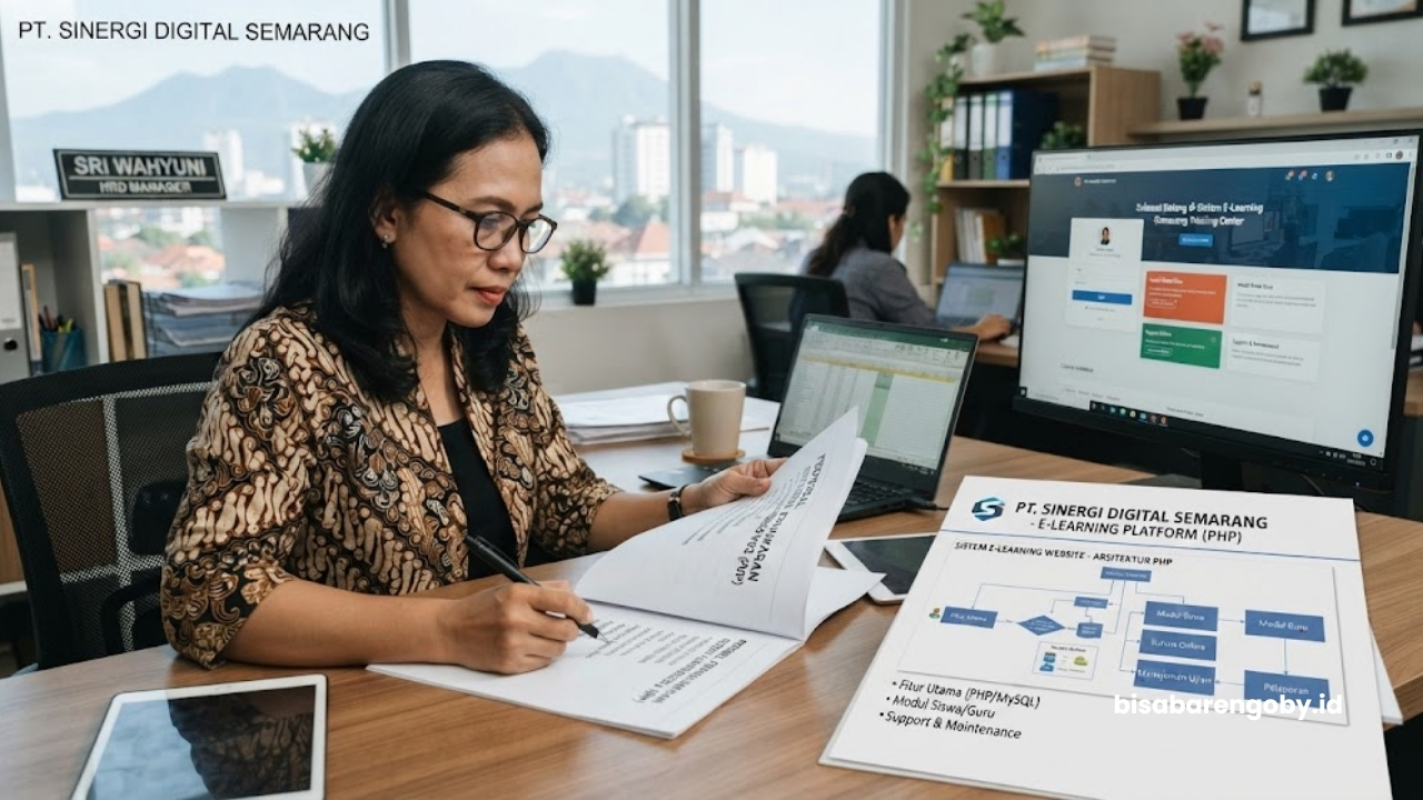 Manajer HRD mengevaluasi proposal sistem e-learning saat memutuskan beli website sekolah untuk perusahaan di Semarang berbasis PHP