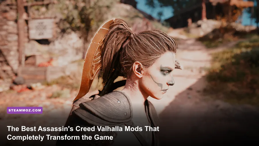Eivor standing over an English hill with modded high-detail lighting and custom cloak in Assassin's Creed Valhalla
