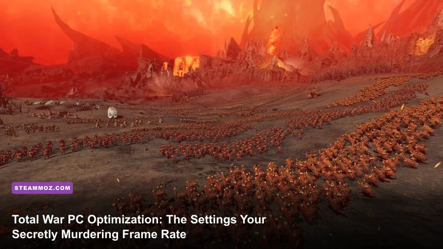 Massive battle scene in Total War Warhammer 3 featuring thousands of troops clashing