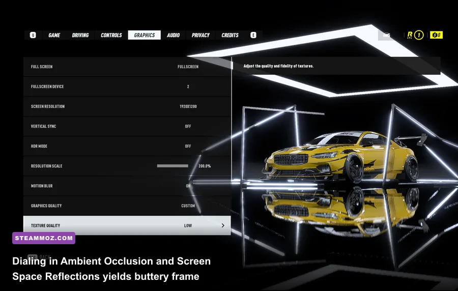 Graphics options display menu showing anti-aliasing and ambient occlusion in Need for Speed