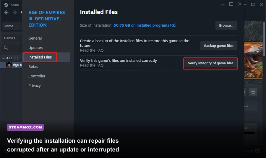Steam file verification screen used to repair Don't Be Afraid 2 crashes