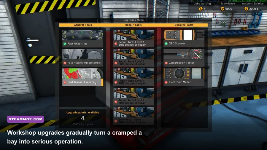 Expanded Car Mechanic Simulator 2015 workshop with upgraded garage equipment