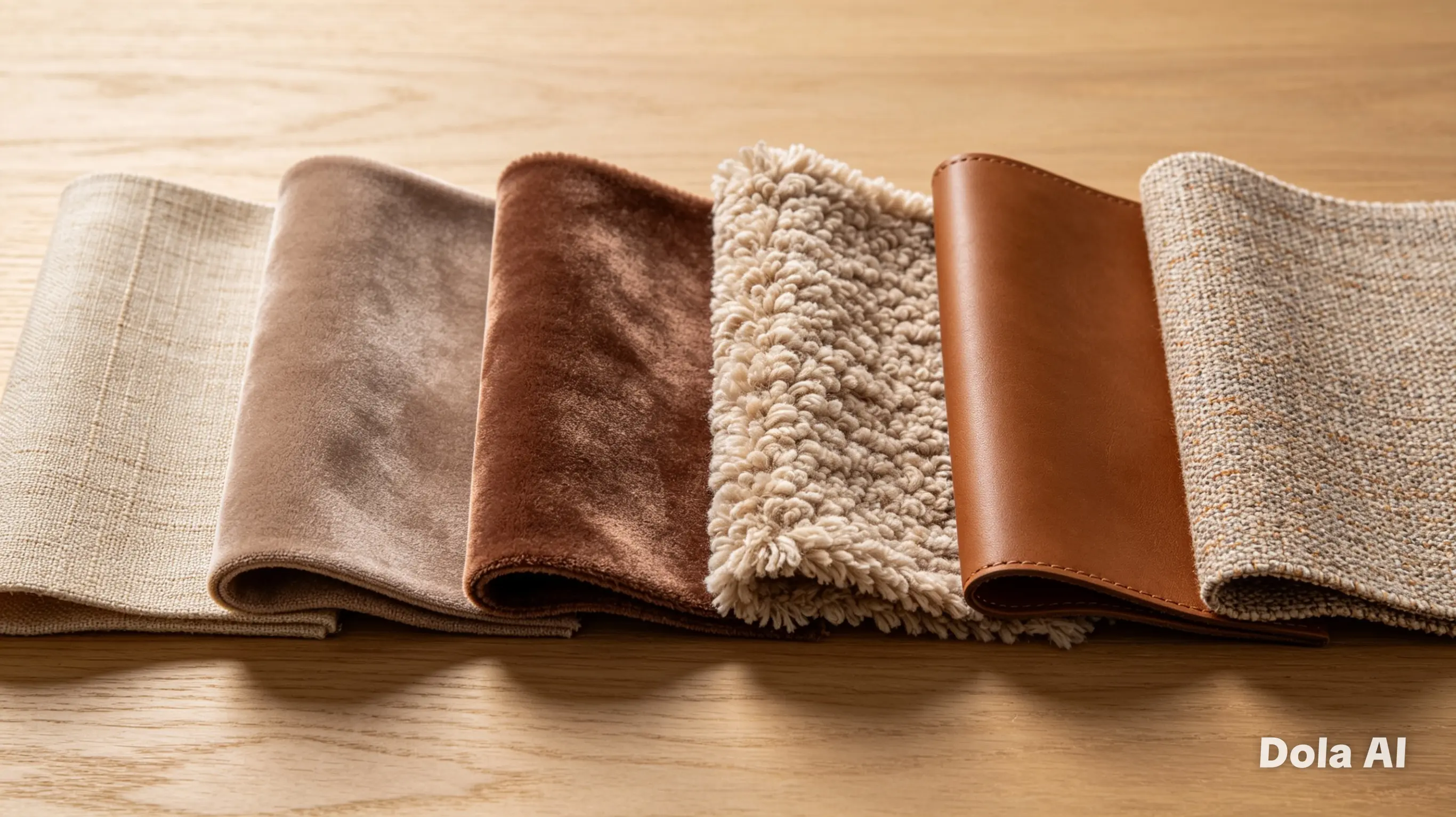 Close-up flat lay of six sofa upholstery fabric swatches showing texture differences