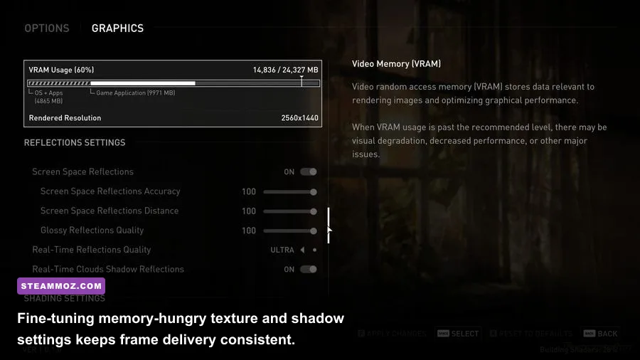 In-game graphics options menu of The Last of Us Part 1 highlighting the VRAM allocation meter