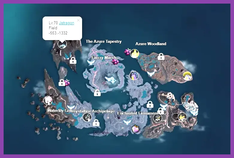 Map coordinates showing Alpha Jetragon boss location in Palworld