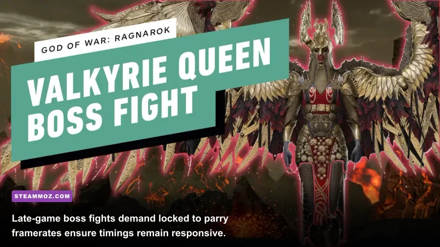 Kratos fighting Valkyrie Queen Gna with heavy magical particle effects
