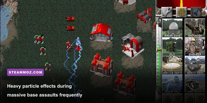Soviet base defense with Mammoth Tanks and Tesla Coils in Red Alert Remastered