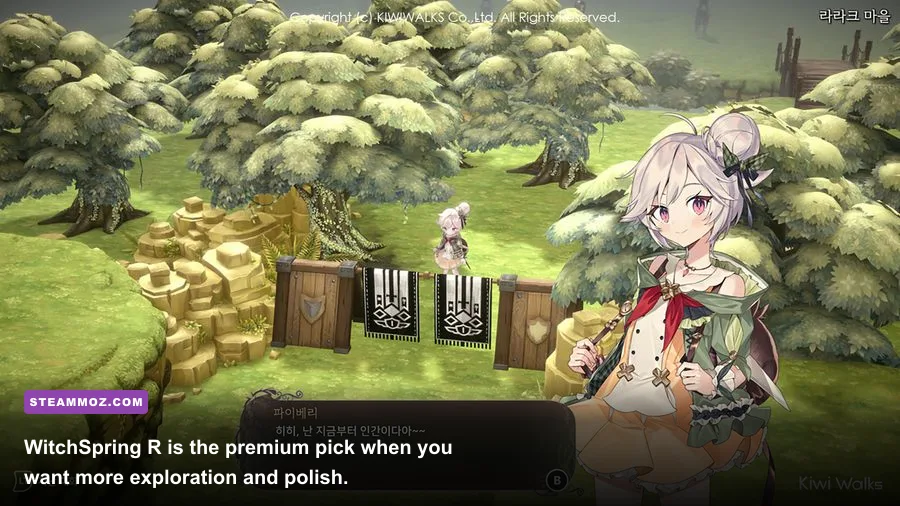 WitchSpring R protagonist Pieberry exploring a forest in a fantasy RPG