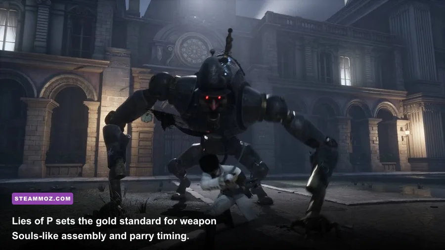 Pinocchio facing off against a massive mechanical puppet boss in Lies of P