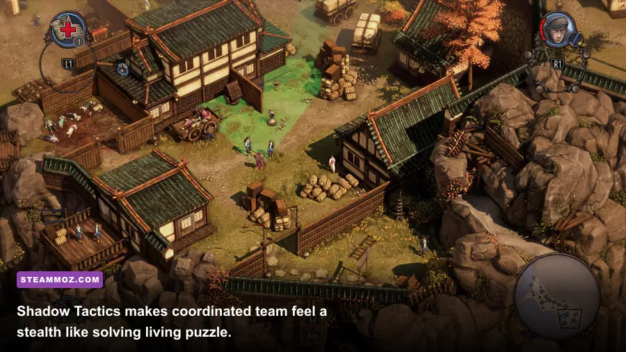 Shadow Tactics Blades of the Shogun team infiltrating a Japanese castle