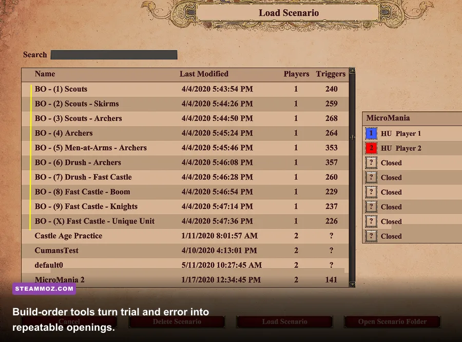 Interactive Build Order Guide mod displaying villager timings in Age of Empires II