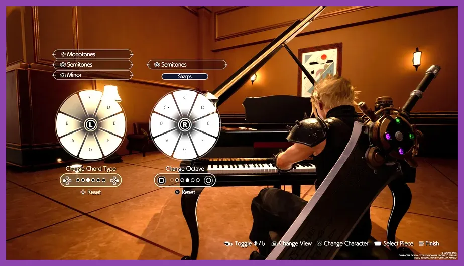 Cloud Strife playing the piano mini-game in Final Fantasy VII Rebirth